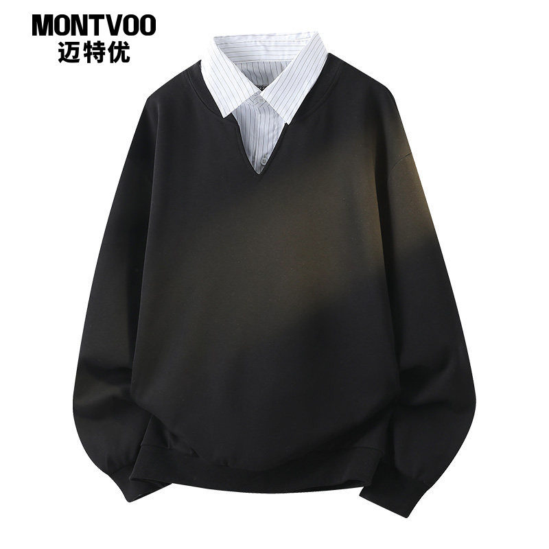 迈特优假两件衬衫领卫衣男士高智感长袖POLO衫潮牌学院风情侣外套