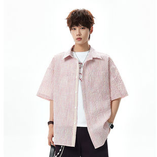 迈特优蕾丝织带泡泡纱粉色格子短袖衬衫男女夏季宽松休闲格纹上衣