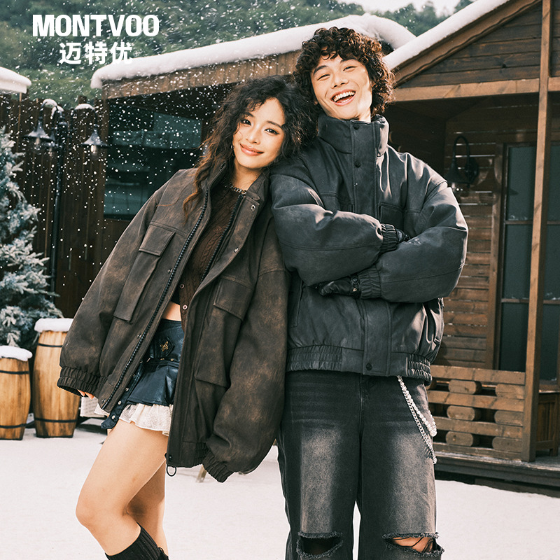 迈特优工装潮流pu皮立领羽绒服男女款冬季新款高级感情侣机车外套