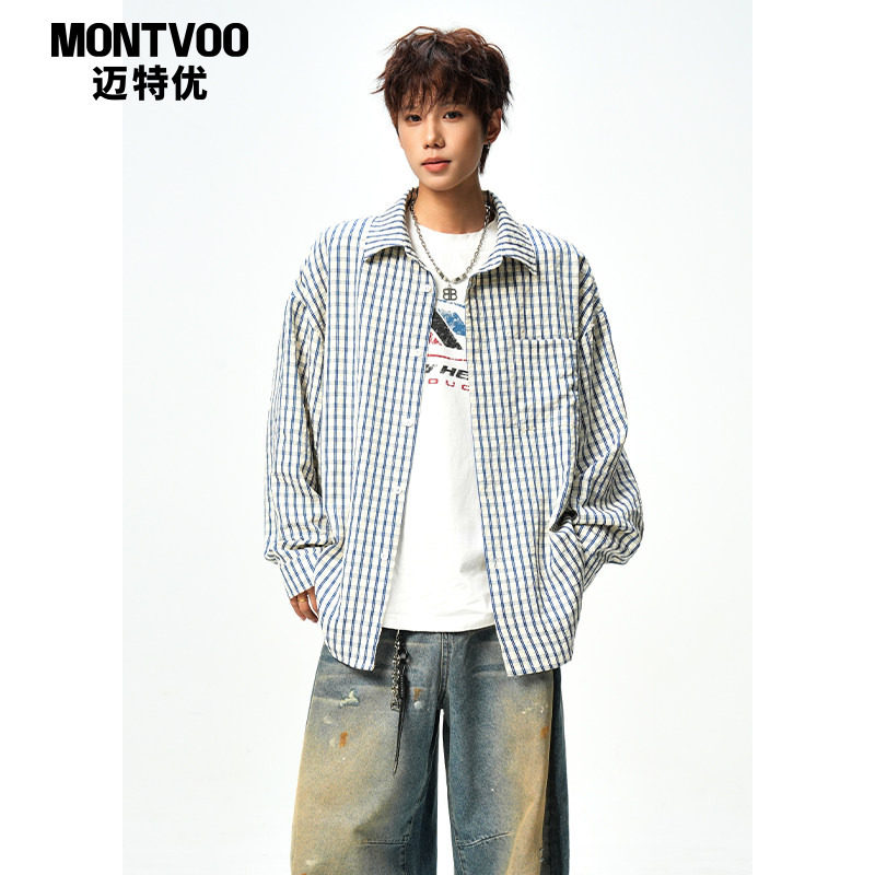 迈特优美式潮牌翻领长袖衬衫男款春秋季宽松休闲百搭格子衬衣外套,男装,衬衫,淘宝优惠券,粉丝福利购,淘宝优惠卷