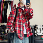 迈特优红色格子长袖 复古休闲衬衣情侣外套 美式 衬衫 男女秋季