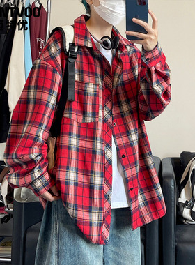 迈特优红色格子长袖衬衫男女秋季美式复古休闲衬衣情侣外套