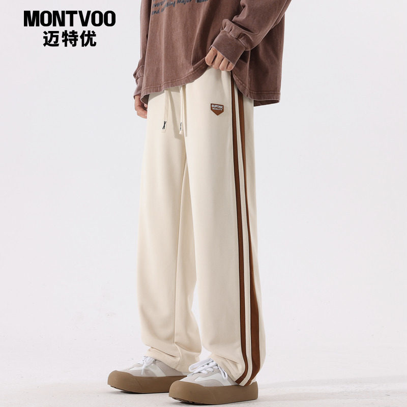 迈特优美式条纹裤子男生新款秋冬运动裤宽松直筒加绒卫裤休闲长裤