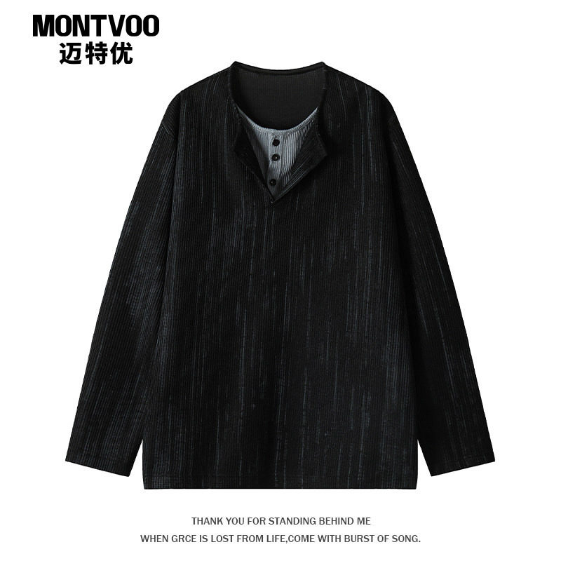 迈特优假两件亨利领长袖T恤男春秋韩系肌理感上衣宽松内搭打底衫,男装,T恤,淘宝优惠券,粉丝福利购,淘宝优惠卷
