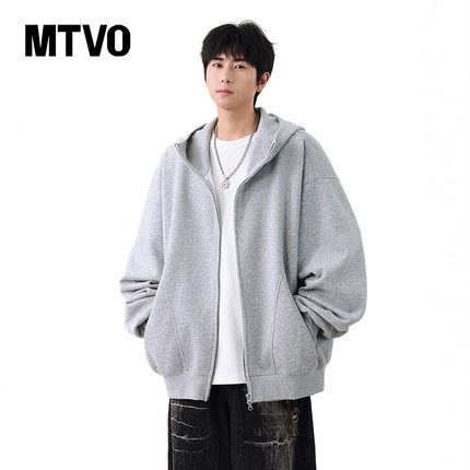 MTVO迈特优美式连帽开衫卫衣男款春秋季宽松休闲纯色简约百搭外套