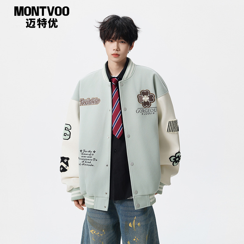 迈特优菱形绣花美式运动棒球服外套男女秋季情侣宽松休闲夹克