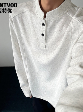 迈特优白灰色亨利领正肩长袖t恤男春美式重磅卫衣内搭立领打底衫