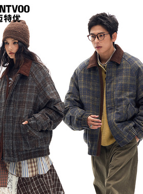 迈特优巴恩风复古老钱毛呢羽绒服男女2025新款撞色格纹保暖短外套