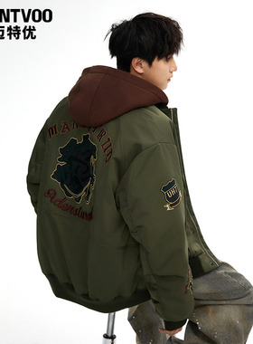 迈特优冬季羽绒服男女短款飞行夹克加厚棒球服假两件工装潮牌外套