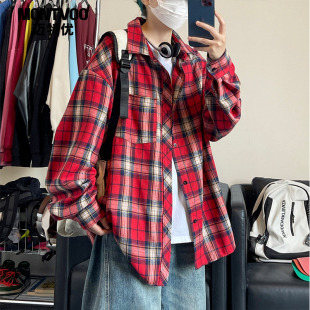 美式 男女秋季 复古休闲衬衣情侣外套 衬衫 迈特优红色格子长袖