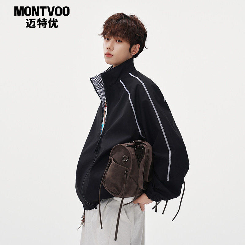 迈特优美式潮牌格子拼接立领夹克男女春季运动风明线设计宽松外套