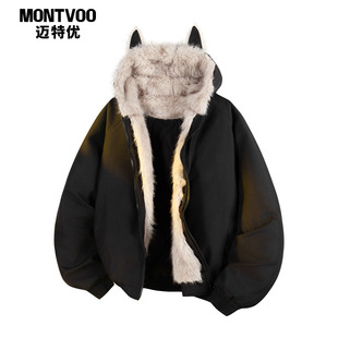 迈特优猫耳朵座山雕毛领棉服男女款 复古加厚保暖情侣棉衣外套 美式