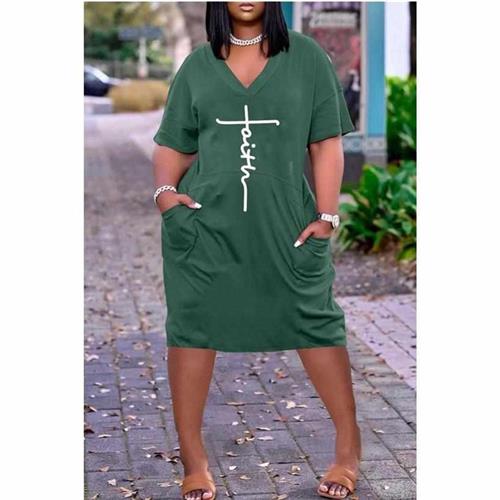 2019Printed outdoor plus size womens collar mid sleeve dres