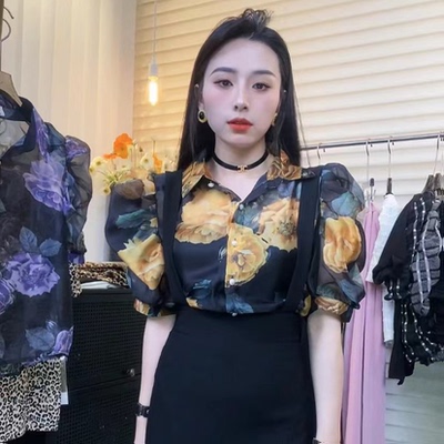 法式港味短袖泡泡肩牡丹花上衣