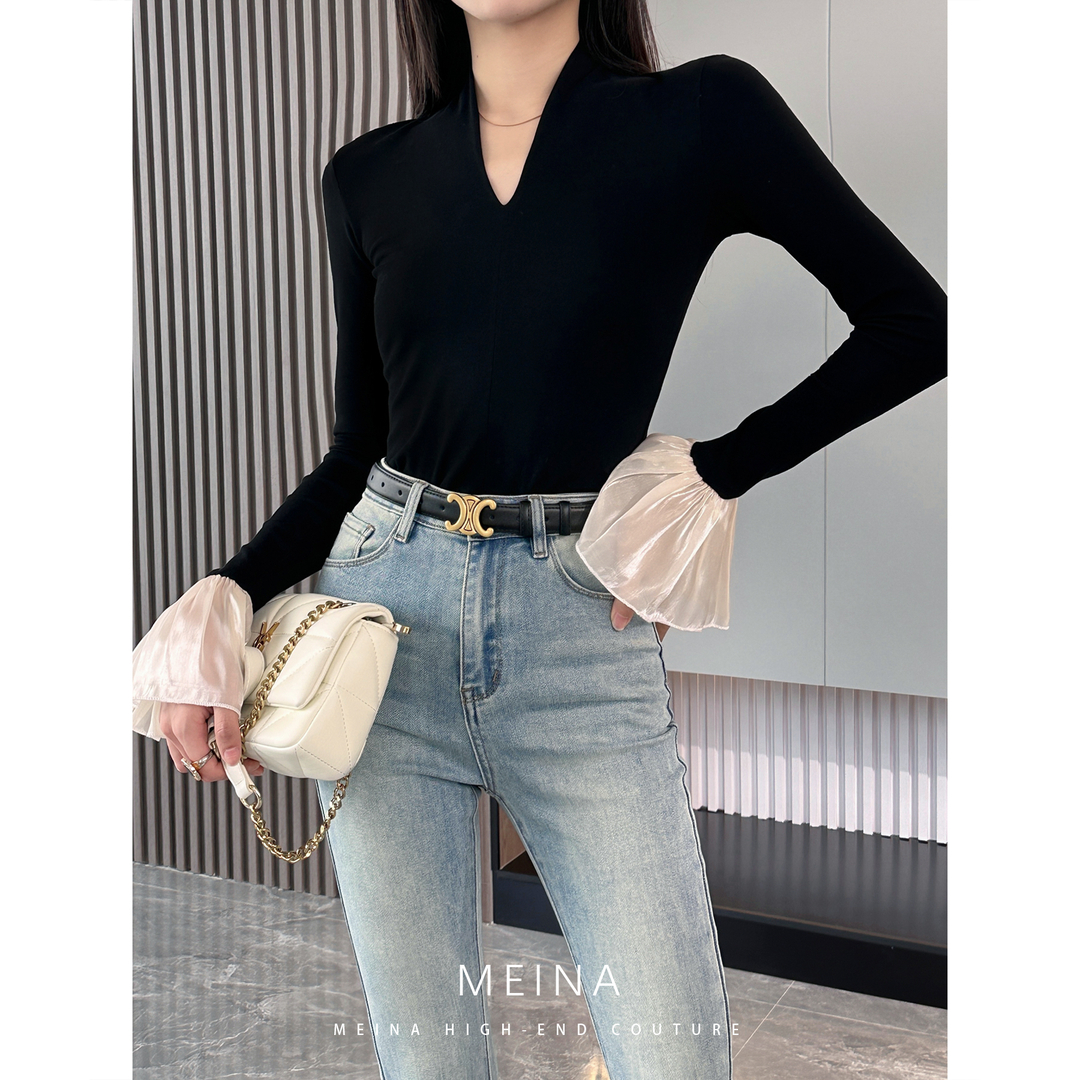2025春秋季新款气质修身显瘦上衣设计感喇叭袖V领长袖T恤打底衫女