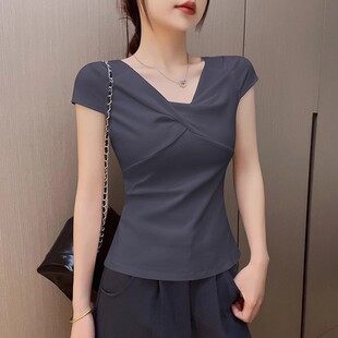 烟灰色v领扭结短袖t恤女夏季2026新款修身褶皱设计感正肩体恤上衣