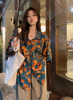 大码300斤痞帅情侣花衬衫男女复古港味BF风宽松夏威夷沙海滩衬衣2