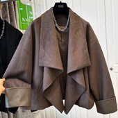 特大码 300斤设计感荡领麂皮绒纯色宽松慵懒外套男女秋冬夹克上衣