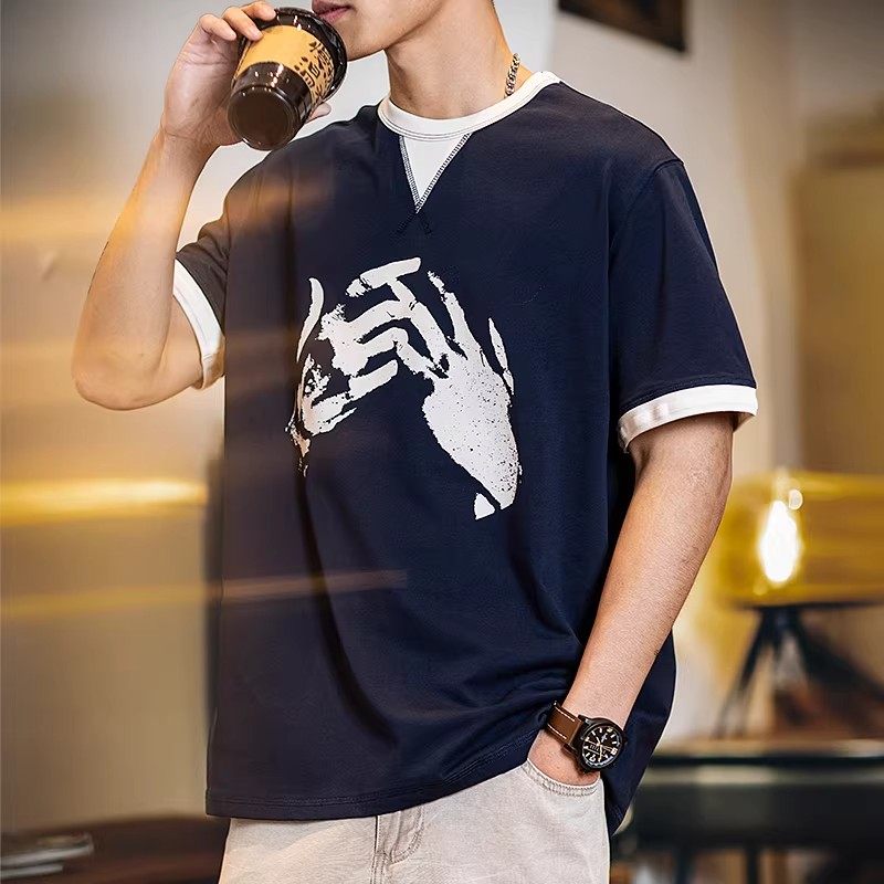 大码假两件纯棉手势印花短袖t恤男夏季新款美式复古休闲圆领体恤,男装,T恤,淘宝优惠券,粉丝福利购,淘宝优惠卷