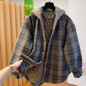 大码 300斤高级感复古格子棉服男女秋冬宽松连帽毛呢夹棉棉衣外套2