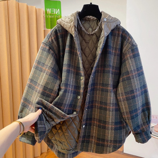 大码 300斤高级感复古格子棉服男女秋冬宽松连帽毛呢夹棉棉衣外套2