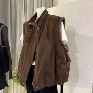 大码300斤机车潮酷设计感马夹鹿皮绒羊羔毛加厚保暖马甲男女秋冬