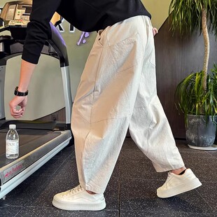 大码300斤宽松阔腿高级痞帅垂感直筒男裤潮流哈伦九分休闲裤子夏