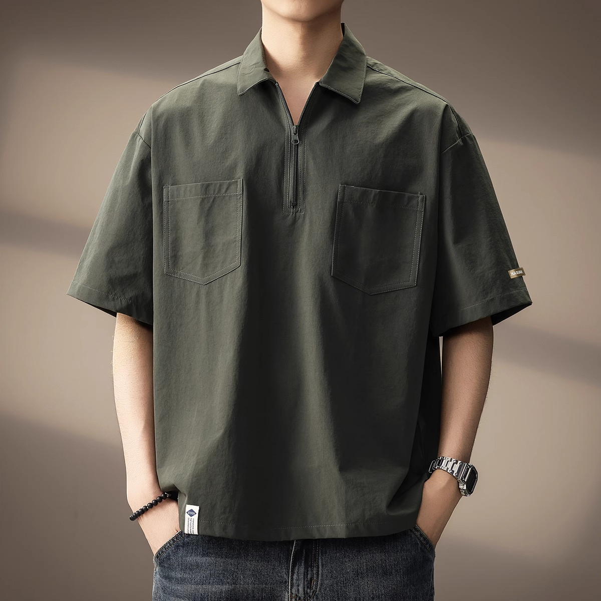 大码300斤美式山系工装Polo衫男夏季速干短袖翻领口袋潮牌保罗衫2