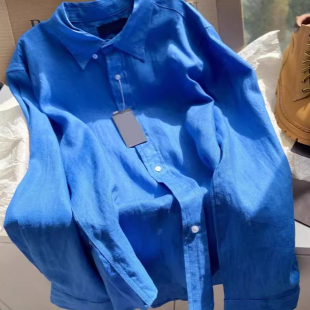 大码300斤高端防晒亚麻衬衫男女夏季薄款蓝色高级感穿搭衬衣外套