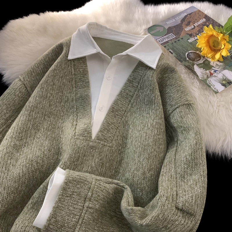 大码300斤假两件衬衫毛衣男