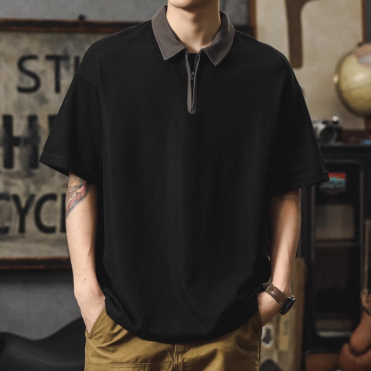 大码日系复古polo衫男夏季重磅宽松拉链翻领男士短袖t恤潮牌半袖2