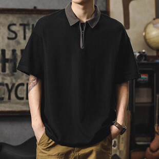日系复古polo衫 t恤潮牌半袖 男夏季 短袖 重磅宽松拉链翻领男士 大码