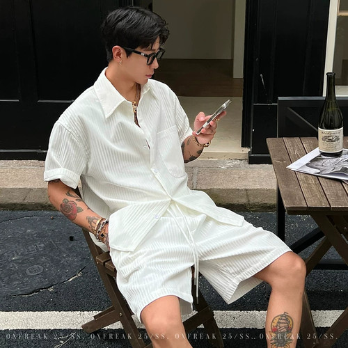大码设计老钱风肌理纯色短袖衬衫