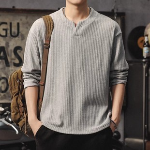 大码慵懒风v领长袖T恤男秋冬美式潮牌宽松内搭打底衫提花休闲卫衣