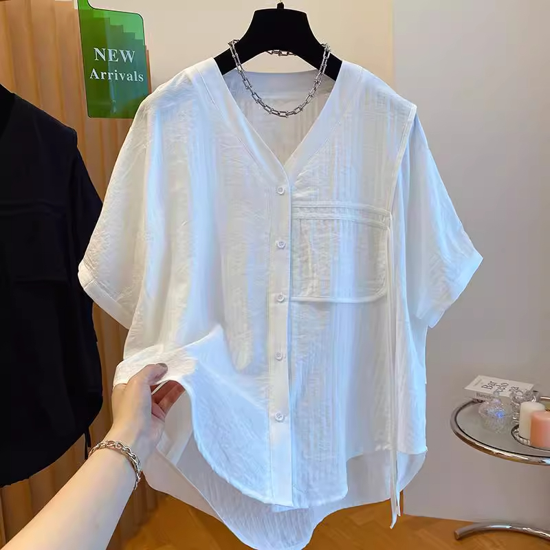 特大码300斤V领不规则短袖衬衫男