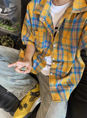 大码美式复古黄格子短袖衬衫男