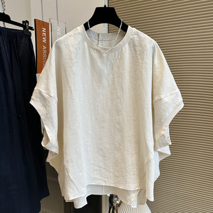 大码300斤慵懒风蝙蝠袖亚麻短袖T恤男女夏季薄款宽松休闲棉麻上衣