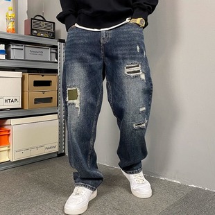 高街阔腿裤 男直筒宽松大码 子 痞帅水洗复古破洞补丁牛仔裤 秋冬美式
