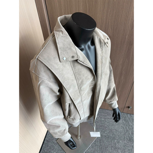 大码300斤美式解构立领皮衣外套男高级感工装机车服短款飞行夹克