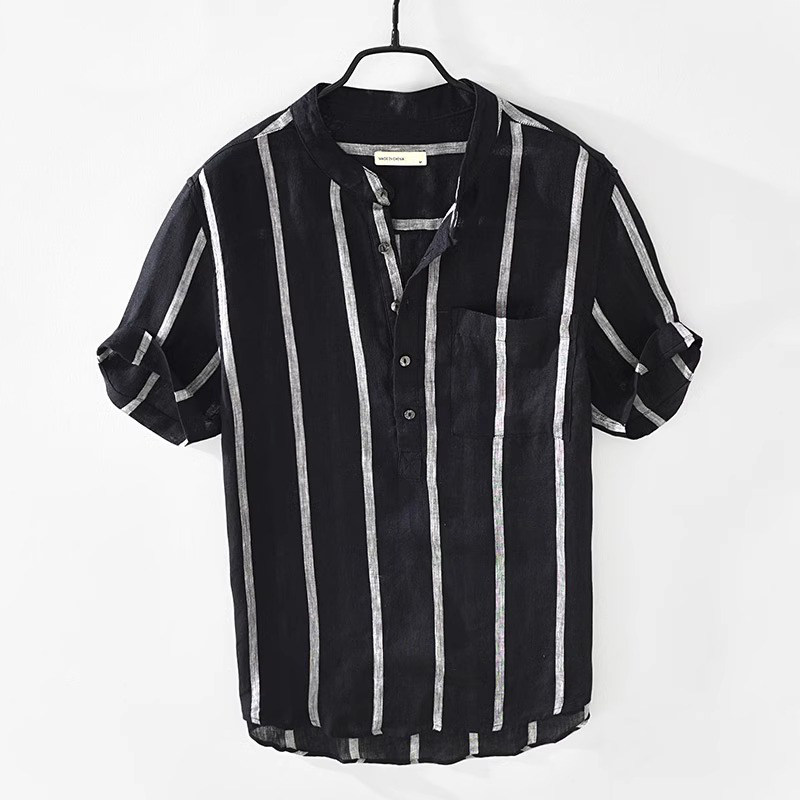 大码300斤条纹立领亚麻短袖T恤男夏季冰丝轻薄体恤设计感潮流半袖