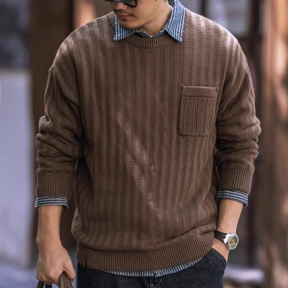 大码高端美式复古粗线毛衣男士秋冬宽松潮牌套头工装棕色针织衫男,男装,针织衫/毛衣,淘宝优惠券,粉丝福利购,淘宝优惠卷