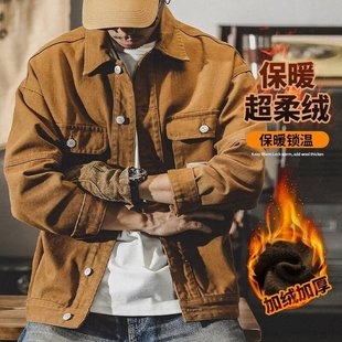 大码300斤美式重磅复古牛仔外套男秋冬加绒宽松潮牌潮流工装夹克2