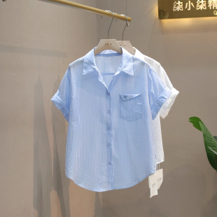 大码300斤雪纺衬衫条纹上衣男女夏季薄款时尚气质设计感短袖衬衣