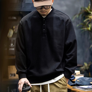 大码300斤美式复古重磅加绒卫衣男士亨利领外套男秋冬长袖POLO衫2