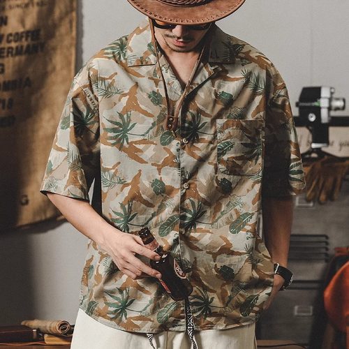 大码300斤美式复古古巴领衬衫男