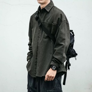 大码300斤日系复古工装衬衫男长袖春秋重磅宽松休闲翻领衬衣外套