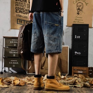 特大码美式复古牛仔短裤男ins拼接复古马裤夏季宽松工装五分裤子2