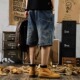 美式 宽松工装 复古牛仔短裤 特大码 男ins拼接复古马裤 夏季 五分裤 子2
