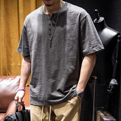 大码日系复古竹节棉短袖t恤男