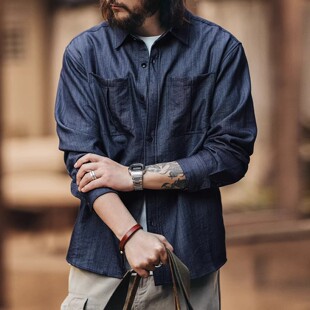 大码美式复古仿牛仔长袖牛仔衬衫男款春秋新款宽松工装衬衣外套潮